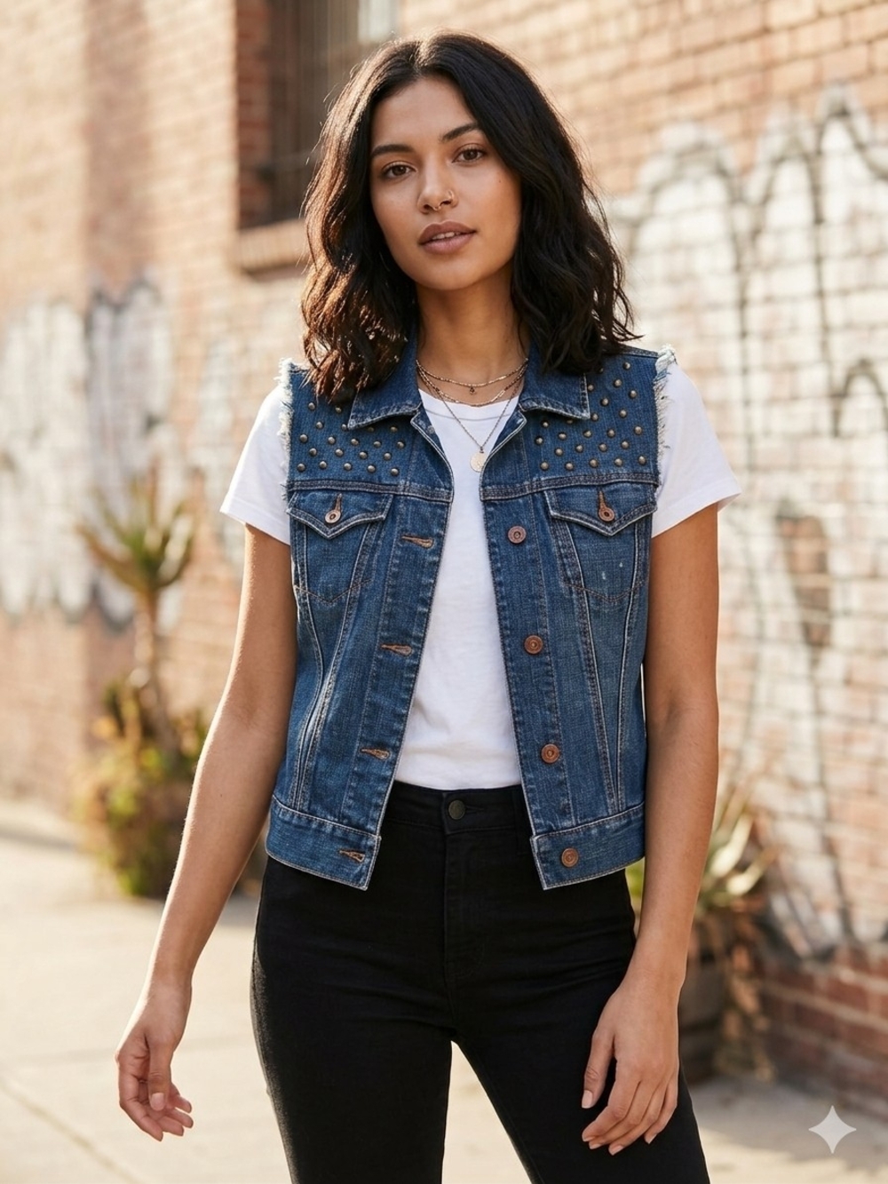 GAP Studded Blue Denim Distressed Vest